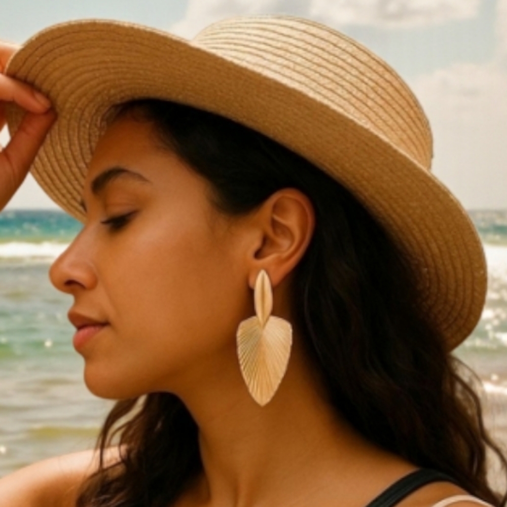 Large Goldtone Dangling Fan Pierced Earrings NEW